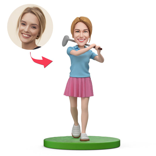 Personalised happy golfer bobblehead in blue suit – handcrafted polymer clay figurine with customised head and engraved base, ideal personalised golf gift