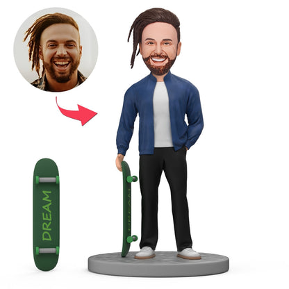 Front view of personalised hip hop skateboard boy bobblehead with engraved base, custom bobblehead gift for him