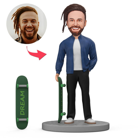 Front view of personalised hip hop skateboard boy bobblehead with engraved base, custom bobblehead gift for him