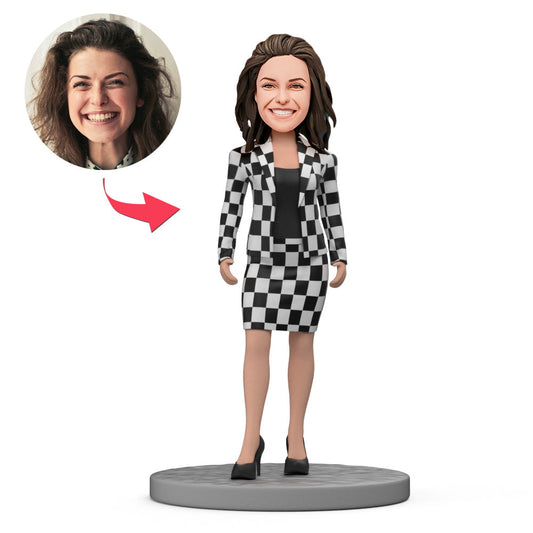 Personalised black and white houndstooth business lady bobblehead with engraved text on base, polymer clay corporate gift
