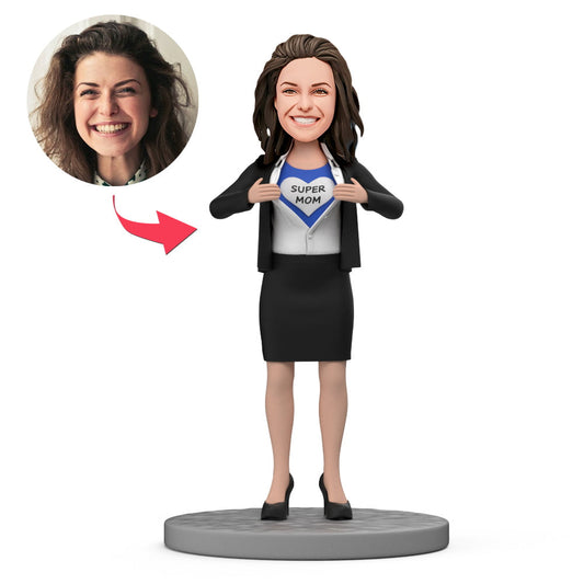 Personalised 'Super Mum' Mother's Day polymer clay bobblehead with customised head portrait and engraved base – gift for mum in the UK & Australia