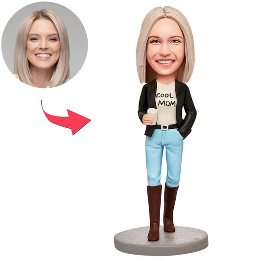 Cool Mum with Coffee personalised bobblehead — handcrafted polymer clay figure with personalised head from your photo and engraved base