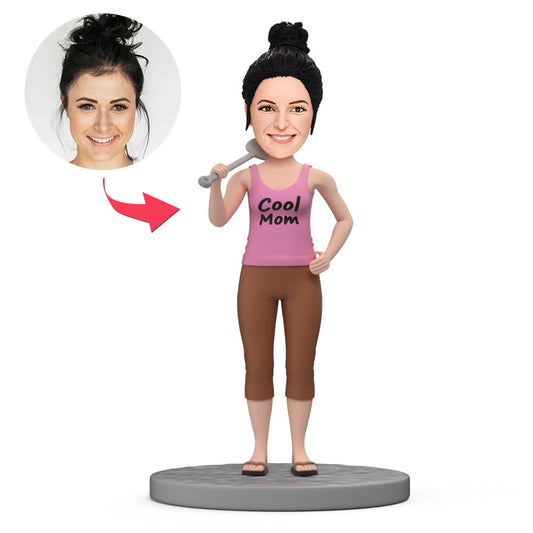 Casual cool mum personalised bobblehead holding a spatula — handcrafted polymer clay figurine with engraved base for custom name or short quote