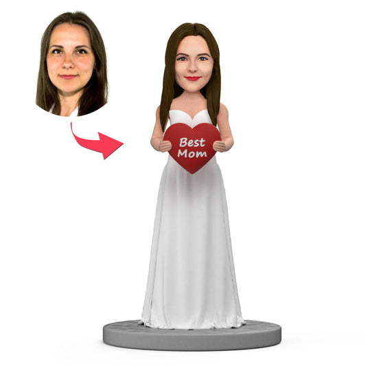 Mother's Day personalised bobblehead in a white long dress, handcrafted polymer clay figure with 'Best Mum' engraved base