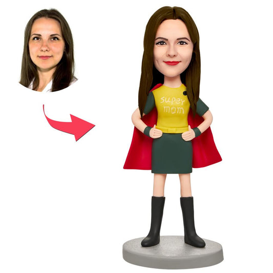 Front view of Mother's Day personalised Supermum bobblehead in red cape – polymer clay custom head with engraved base text