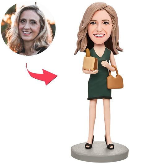 Personalised 'Beautiful Mum' polymer clay bobblehead holding a baguette and bag, custom head likeness with engraved base — ideal mum bobblehead gift