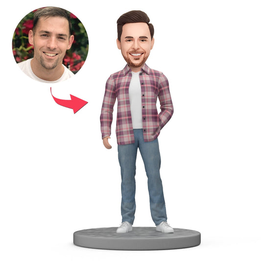 Personalised custom polymer clay bobblehead of a man in a plaid shirt, hand-crafted keepsake with a custom head made from your photo — ideal personalised gift