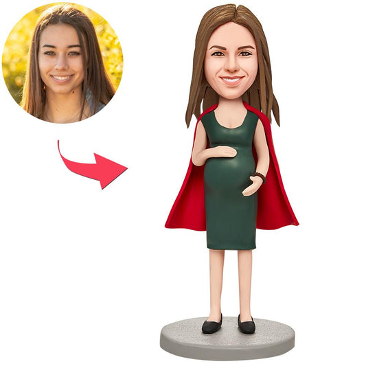 Personalised handmade polymer clay Pregnant Super Mum bobblehead in red cape with customised head and engraved base – perfect gift for new mum