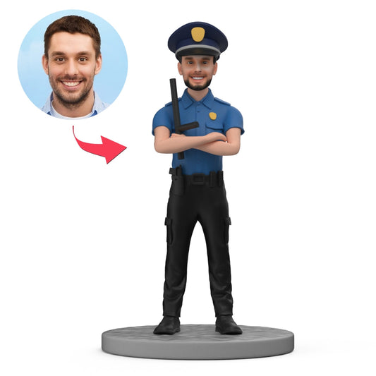 Side and rear angle of personalised policeman bobblehead showing uniform details and baton pose handmade polymer clay customisable head for police academy or retirement gift