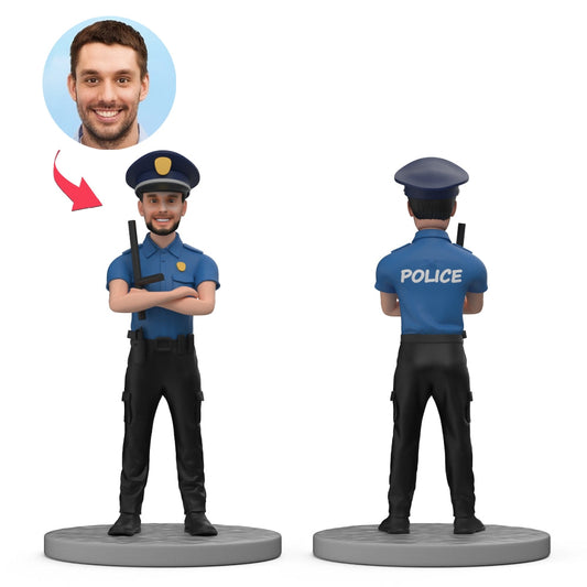 Side and rear angle of personalised policeman bobblehead showing uniform details and baton pose handmade polymer clay customisable head for police academy or retirement gift
