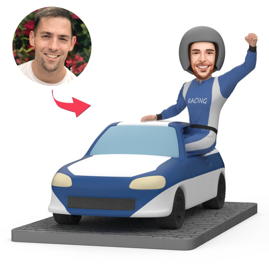 Personalised race car bobblehead in polymer clay — handcrafted racing driver figurine with personalised male head, ideal custom gift for men
