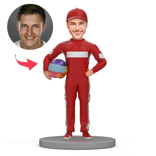 Custom bobblehead race car driver with helmet — handcrafted polymer clay figurine with personalised head detail; perfect personalised gift for men and motorsport fans