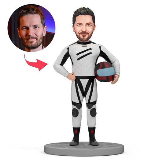 Personalised racing driver bobblehead with custom-sculpted head and race suit – a bespoke race car bobblehead in durable polymer clay, option to add personalised text on the base
