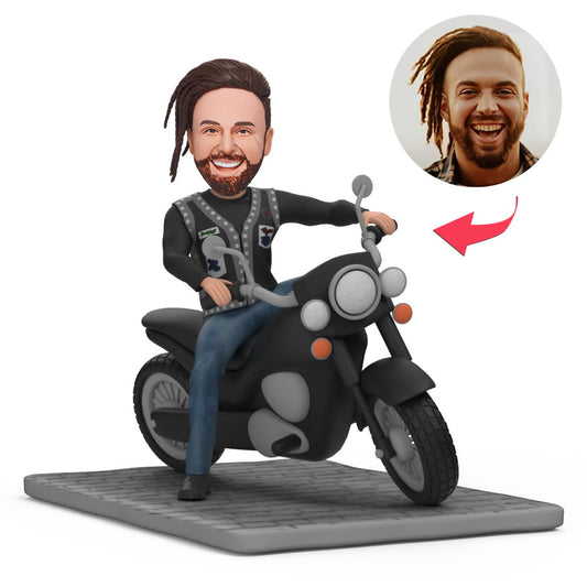 Front view of a custom motorcycle bobblehead featuring a personalised head atop a detailed motorcycle — perfect personalised motorcycle bobblehead gift