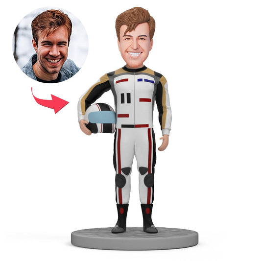 Personalised motorcycle racer bobblehead on a sportbike — polymer clay full-figure with customised head, perfect custom racing rider gift