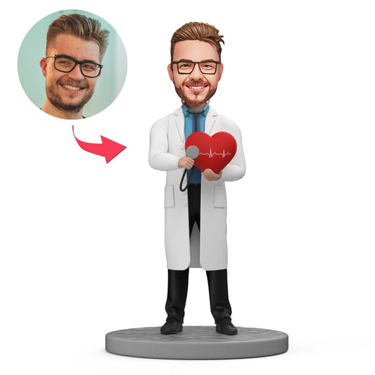 Personalised cardiologist doctor bobblehead holding a red heart – handmade polymer clay figurine with customised head, ideal gift for doctors and medical students in the UK and Australia