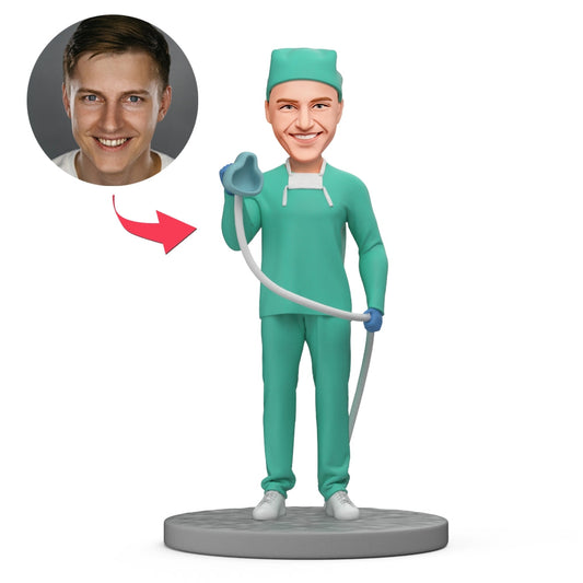 Personalised anaesthetist bobblehead in scrubs holding a face mask custom doctor figurine handcrafted from polymer clay ideal medical graduation or thank-you gift
