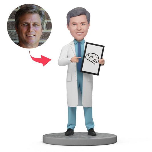 Custom Neurosurgeon Bobblehead personalised with your face – hand‑sculpted polymer clay head on fixed surgical body, ideal personalised gift for neurosurgeons and clinic desk ornament