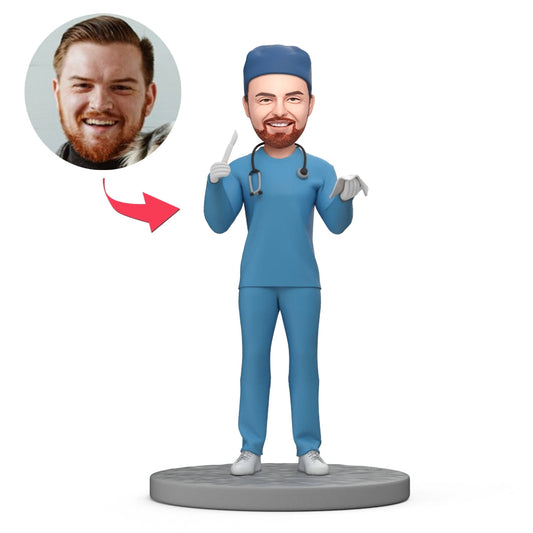 Handmade polymer clay bespoke surgeon bobblehead holding a scalpel, personalised face gift and custom doctor figurine, ideal medical graduation gift or clinic desk ornament.