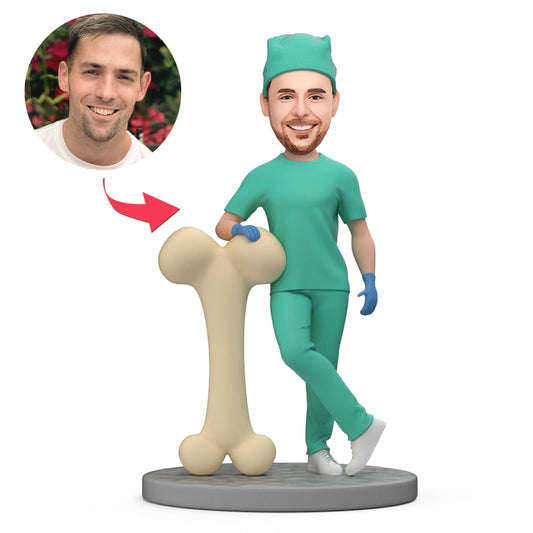 Personalised orthopaedic doctor bobblehead with custom face and engraved base, handmade polymer clay gift for doctors and medical graduates