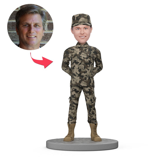 Custom military bobblehead – personalised polymer-clay army soldier with engraved text on base, handcrafted from your photos; ideal veteran keepsake in the UK & Australia