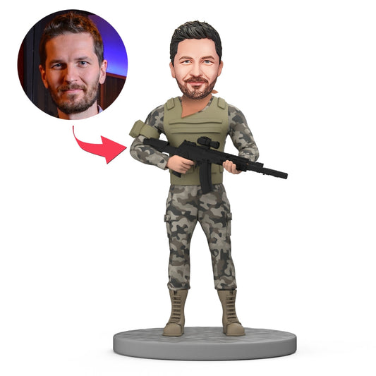 Custom military bobblehead – special forces figurine with gun, personalised polymer‑clay head sculpted from your photo, ideal personalised gift for men in the UK & Australia