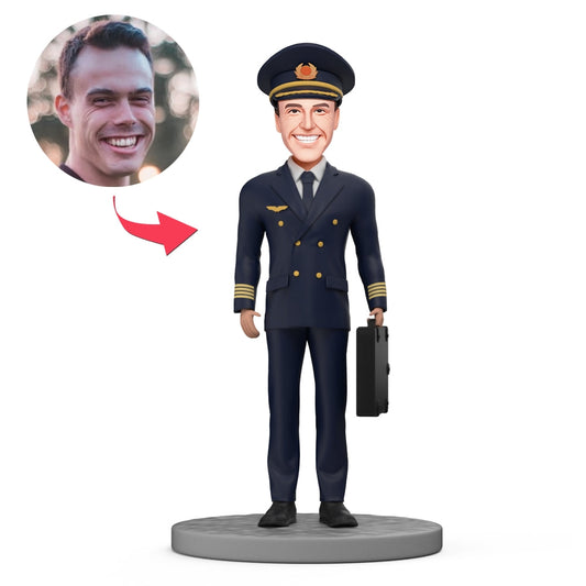 Personalised pilot bobblehead – aircraft captain in uniform, handmade polymer clay figure with customised sculpted face (fixed or bobble head) for aviation gifts