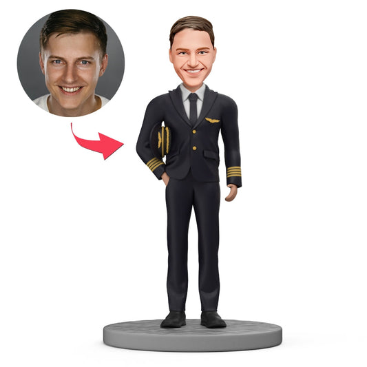 Personalised aviator bobblehead in pilot/captain uniform - handcrafted polymer clay figurine with custom head, ideal pilot gift