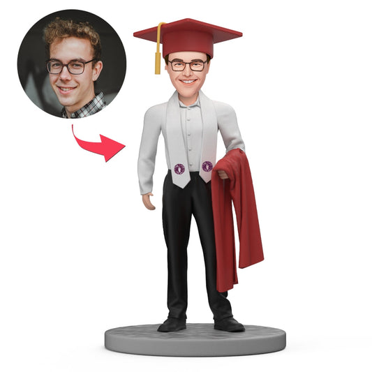 Custom Graduation Bobbleheads - handmade polymer clay graduate in black gown and mortarboard with a personalised head capturing facial likeness; a unique personalised keepsake, personalised face gift and gifts for mum