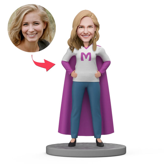 Super Mum personalised bobblehead with purple cape – handcrafted polymer clay full-standing figure for Mother’s Day; personalised head (face and chosen hairstyle) ideal personalised face gift for Mum