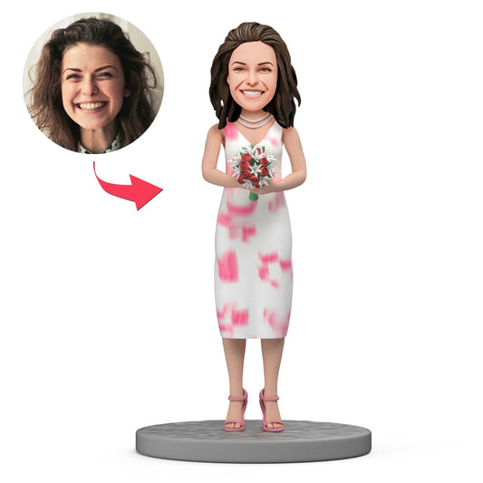 Personalised Mother's Day bobblehead of a mother holding flowers with a customised head — handmade polymer clay custom bobblehead, perfect personalised mum gift