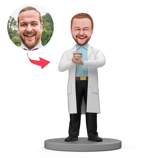 Personalised doctor bobblehead — dentist holding a tooth, handmade polymer clay custom-face figurine; ideal personalised gift for dentists and doctors
