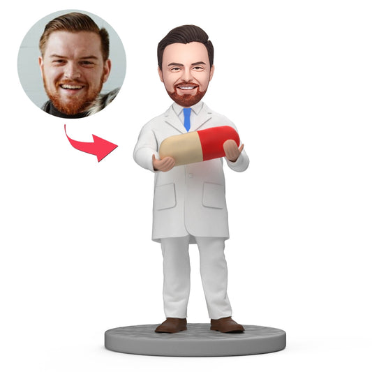 Personalised male pharmacist bobblehead holding a pill, custom polymer clay doctor figurine with personalised head from your photo, ideal pharmacy graduation or GP gift