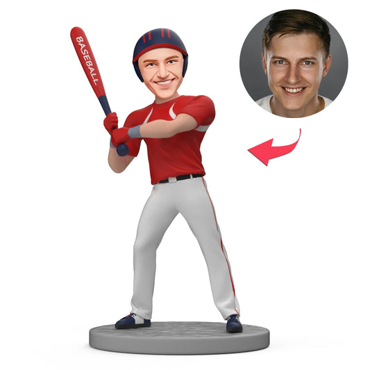 Personalised baseball batter bobblehead in red jersey – polymer clay standing batter holding a baseball bat with a custom head from your photo, ideal sports keepsake gift