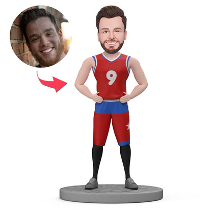 Custom Basketball Bobblehead wearing red jersey with personalised face from your photo — hand-sculpted polymer clay personalised bobble head gift