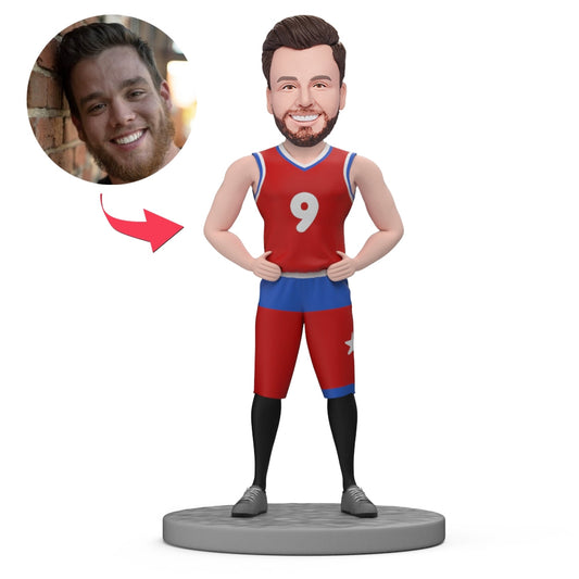 Custom Basketball Bobblehead wearing red jersey with personalised face from your photo — hand-sculpted polymer clay personalised bobble head gift