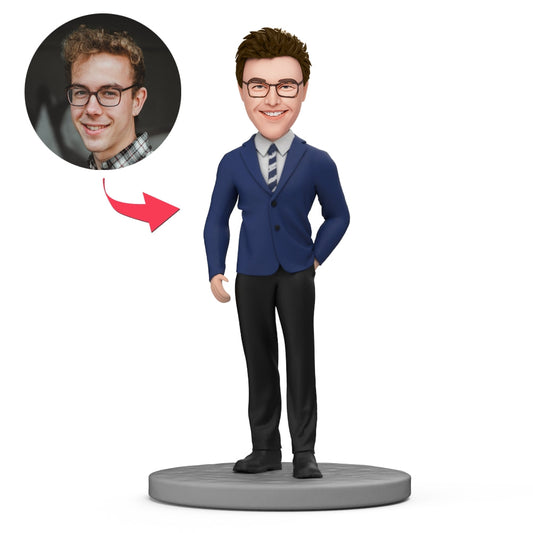 Personalised male student bobblehead in school uniform – handcrafted polymer clay full‑figure statuette with customised head and engraved custom text on the base, ideal graduation gift and school keepsake