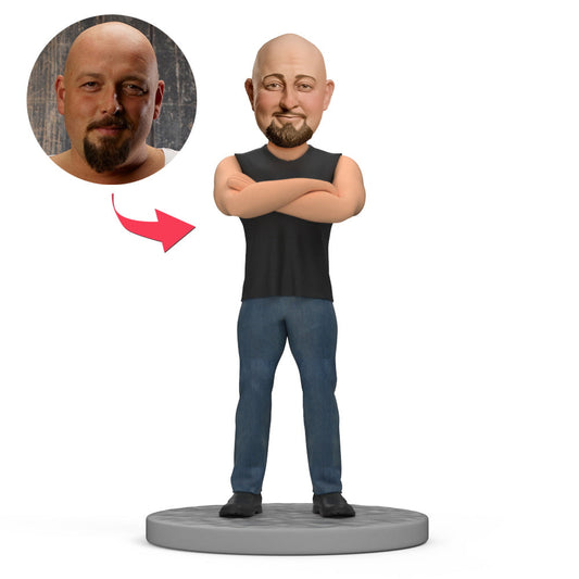 Personalised Strong Man Bobblehead – handcrafted polymer clay custom bobble head gift for men, full-standing strongman figure with a personalised head and engraved base text