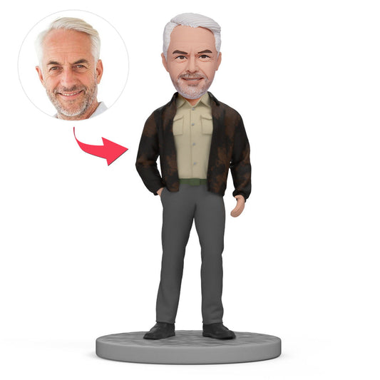 Personalised retro 'Old Man' bobblehead wearing shirt and jacket – custom head modelled from your photos, durable polymer clay personalised gift and desk ornament