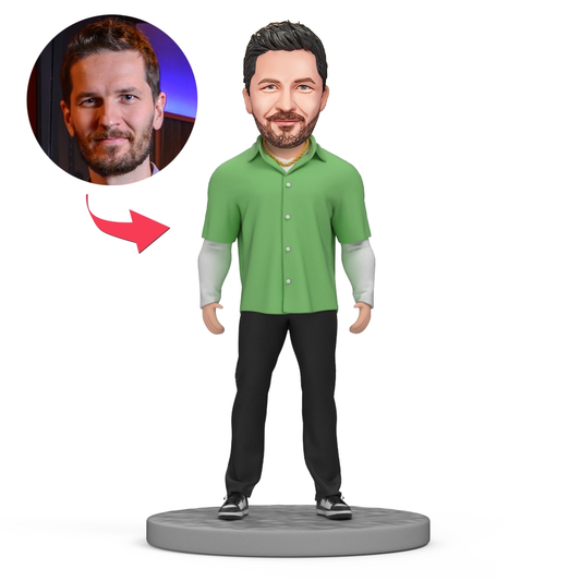 Personalised polymer clay bobblehead of a casual man in a green shirt — customised head with engraved custom text on the base, ideal personalised gift and desk décor in Australia and the UK