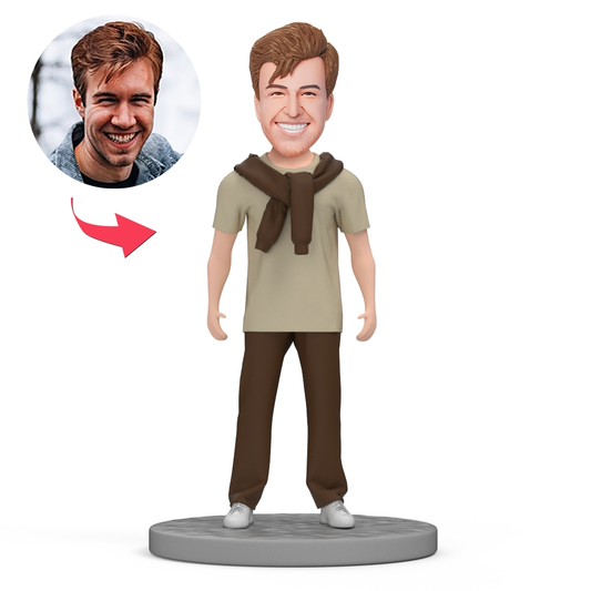Personalised polymer clay man bobblehead in casual outfit with custom text on the base — handcrafted personalised bobblehead, a custom bobblehead with text and ideal personalised man bobblehead gift