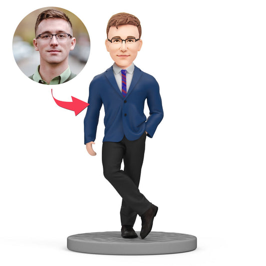 Custom bobblehead of a cool male student in school uniform, polymer clay personalised head on fixed pose — ideal school uniform bobblehead and student bobblehead gift