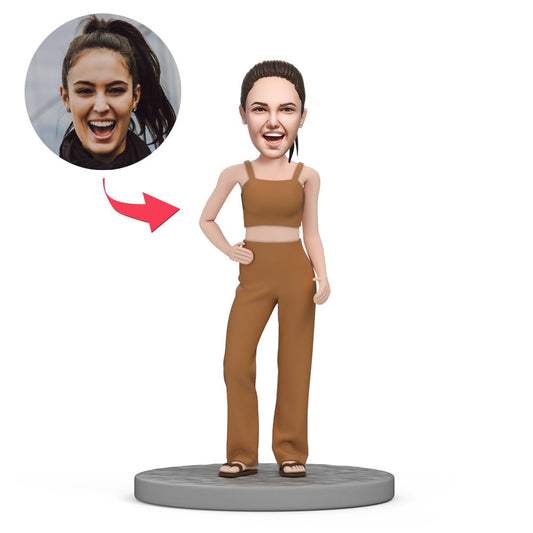 Personalised fashion lady bobblehead in suspender suit with customised head only, polymer clay figurine ideal personalised gift for her in the UK and Australia