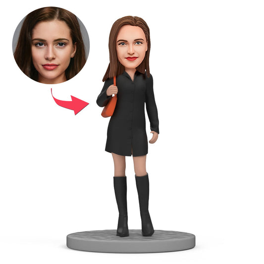 Personalised black skirt bobblehead, handcrafted polymer clay custom girl bobblehead with personalised head from your photo and engraved text