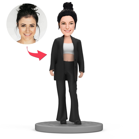 Modern Girl personalised bobblehead in black oversize suit, customisable head (face and hairstyle) with engraved text, polymer clay desk ornament gift for birthdays and graduations