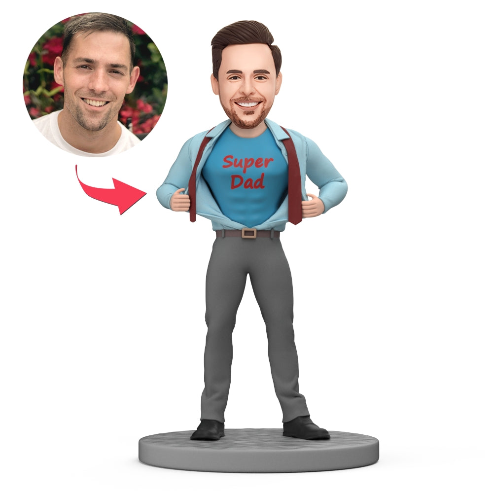 Personalised Father's Day bobblehead — handcrafted polymer clay Super Dad figurine with customised head likeness, perfect custom gift for Dad