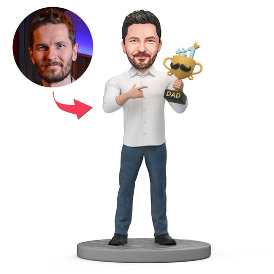 Personalised #1 Dad bobblehead (polymer clay) – front view showing customised head, standard standing body and space for engraved name or message; perfect Father’s Day gift