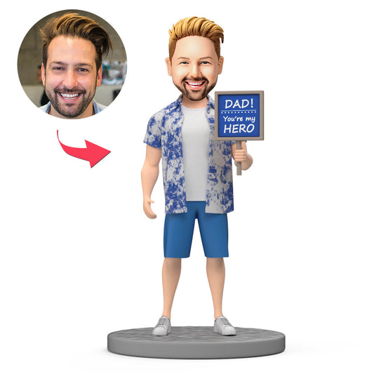 Personalised Father's Day bobblehead 'You Are My Hero' – polymer clay figure with a custom head matched to hairstyle and expression, standing hero pose; ideal personalised gift for dad
