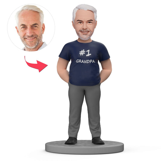 Personalised #1 Grandpa bobblehead with custom polymer clay head — front view showing custom head only, ideal personalised grandpa gift and custom bobblehead