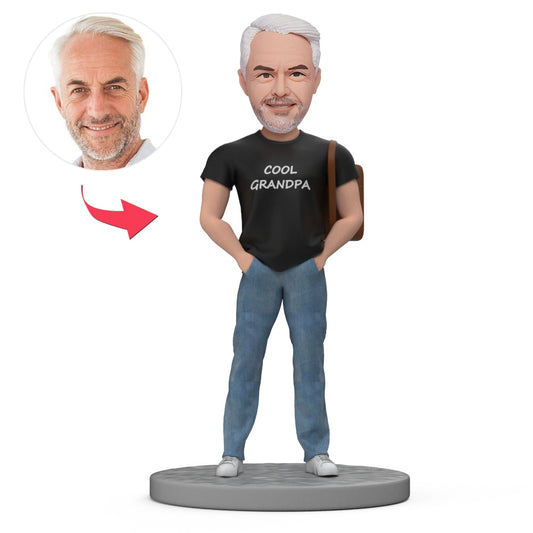 Father's Day personalised bobblehead – polymer clay cool grandpa figurine with customised head to match your photos, casual clothing and engraved base for custom text; ideal personalised Father's Day gift for grandad